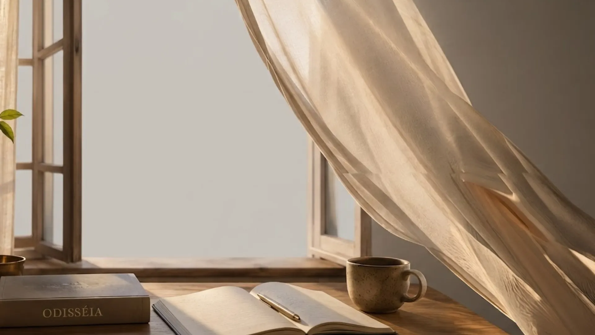 Ambiente claro de estudo com livro, caderno e aula ao vivo